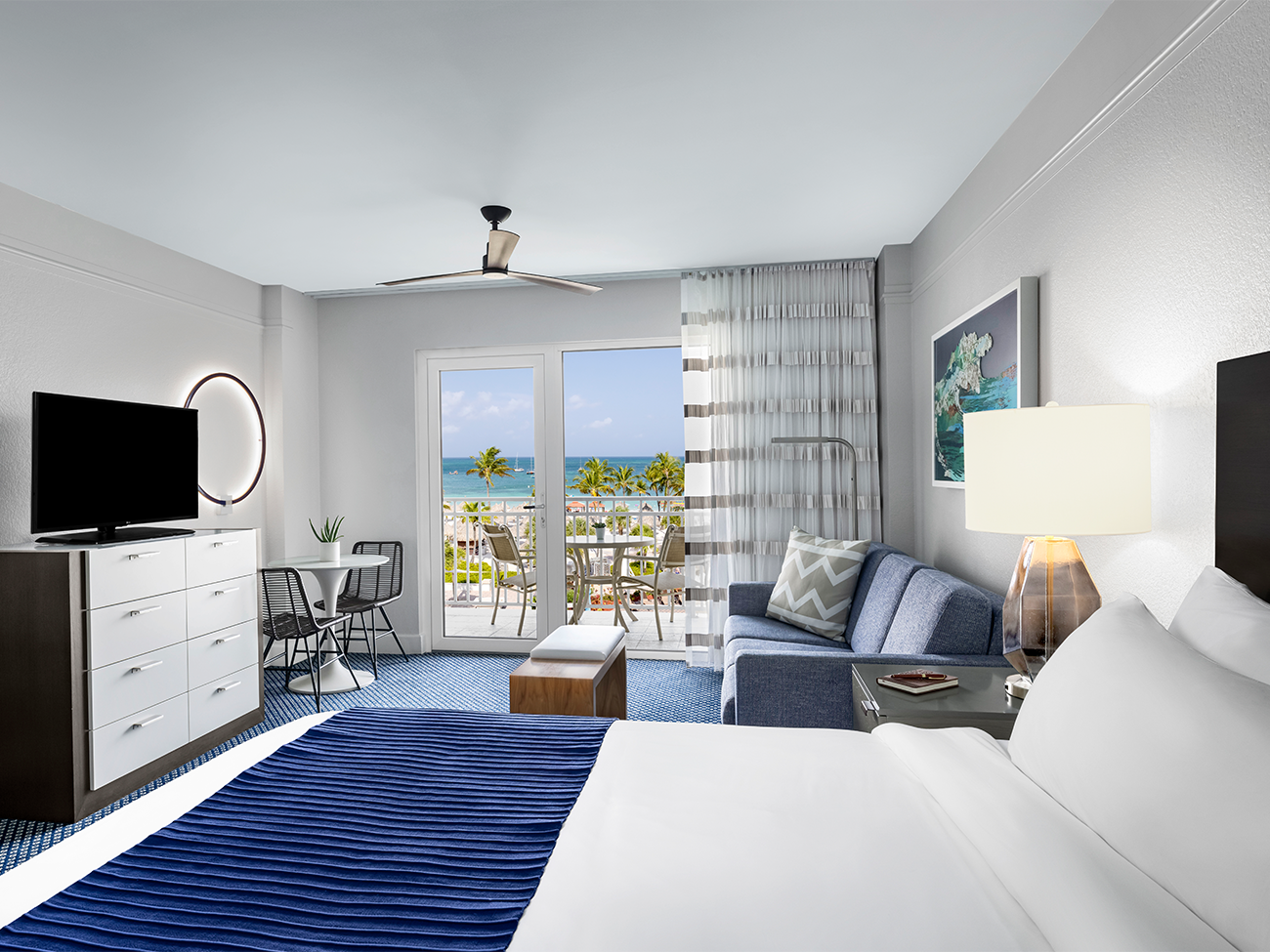 Marriott's Aruba Ocean Club Ocean View, Bed, Living Room & Balcony. Marriott's Aruba Ocean Club is located in Palm Beach,  Aruba.