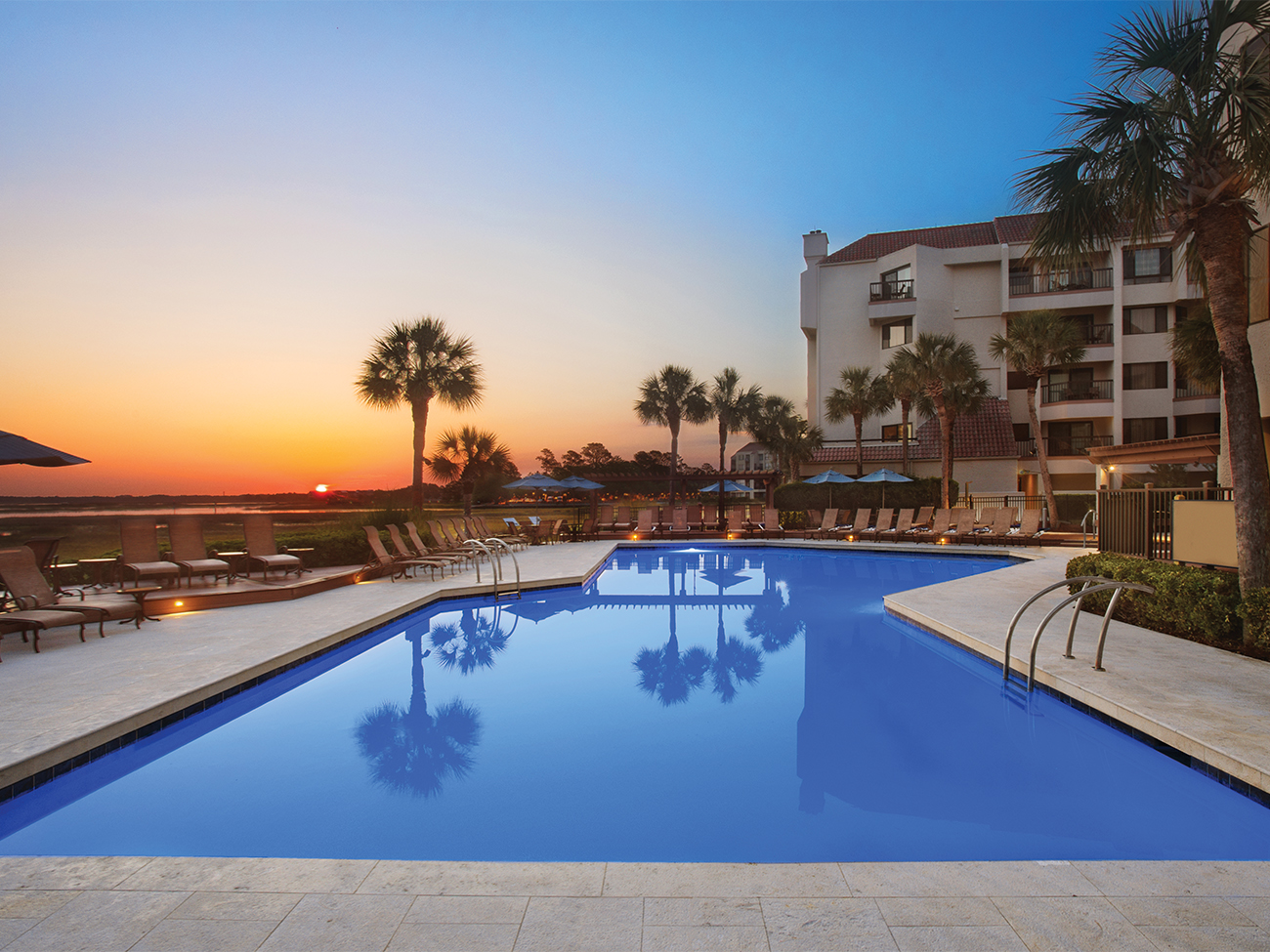 Marriott's Harbour Point Main Pool Sunset. Marriott's Harbour Point is located in Hilton Head Island, South Carolina United States.